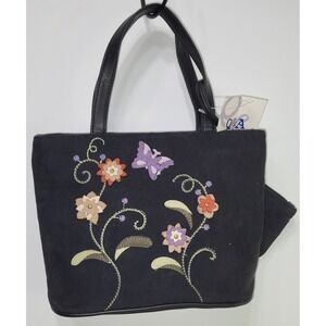 NWT Q&A Black Suede Handbag Floral Butterfly Applique Small Tote & Coin Purse